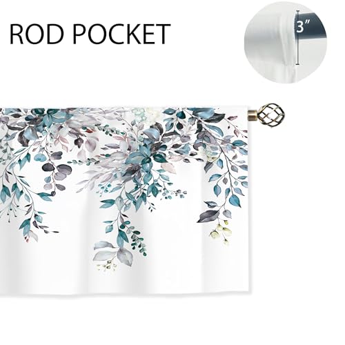 oolygoo Blue Grey Valances Kitchen Curtains Watercolor Eucalyptus Botanical Leaves Flower Window Drapes Floral Plants Bedroom Bathroom Living Room Treatment Tier 1 Panel 52Wx18H Inch - Image 5