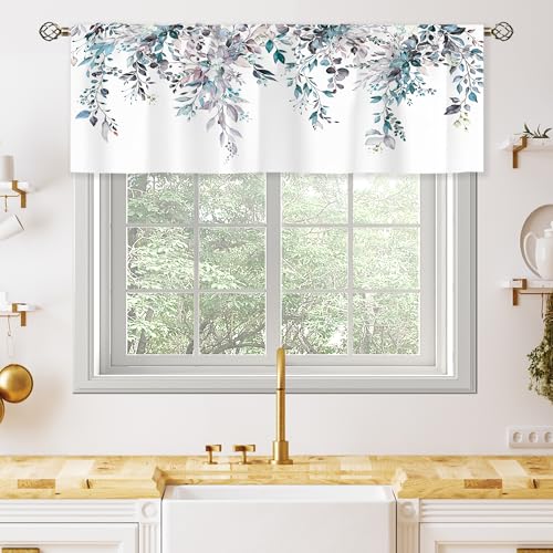 oolygoo Blue Grey Valances Kitchen Curtains Watercolor Eucalyptus Botanical Leaves Flower Window Drapes Floral Plants Bedroom Bathroom Living Room Treatment Tier 1 Panel 52Wx18H Inch - Image 1