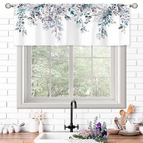 oolygoo Blue Grey Valances Kitchen Curtains Watercolor Eucalyptus Botanical Leaves Flower Window Drapes Floral Plants Bedroom Bathroom Living Room Treatment Tier 1 Panel 52Wx18H Inch - Image 3