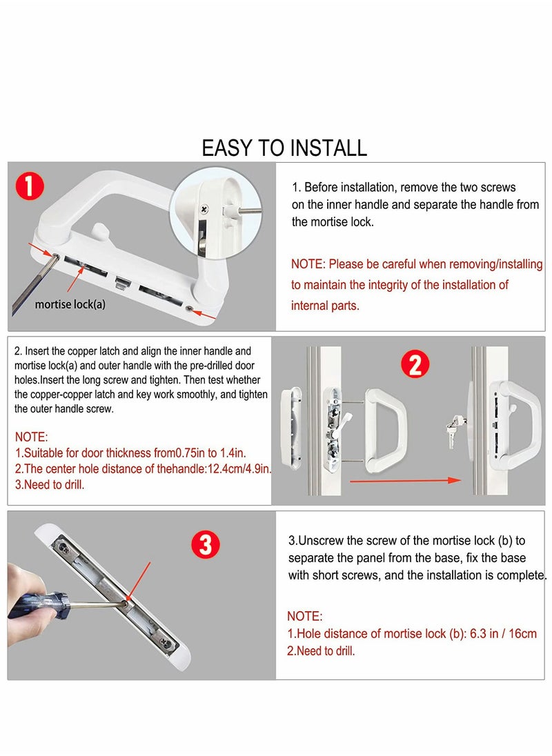 SYOSI - Sliding Patio Door Handle Set Replace Old or Damaged Handles Quickly And Easily White Diecast Mortise Style with Keyed Fits 4-15/16”Hole Spacing - Image 1