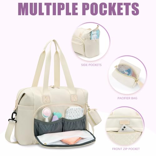 Tuwubi Diaper Bag Tote,Baby Diaper Bag with Pacifier Case Large Travel Diaper Tote Caddy for Mom and Dad Multifunction Large Baby Bag - White - Image 2