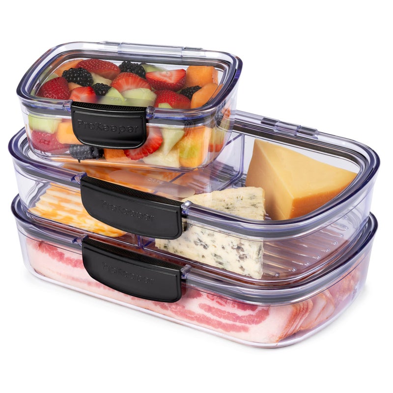 Progressive Prokeeper + Deli Storage Set: Air-Tight Silicone Sealed Containers w Grooved Bottom, Dry Erase Lid, BPA-Free, Stackable, Keeps Meats & Cheeses Fresh Longer, 3-Piece Set (1.65L, .69L, 1.6L) - Image 1
