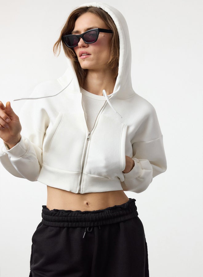 trendyol Thick and Fleece Hooded Ecru Knitted Sweatshirt - Regular Fit - Image 1