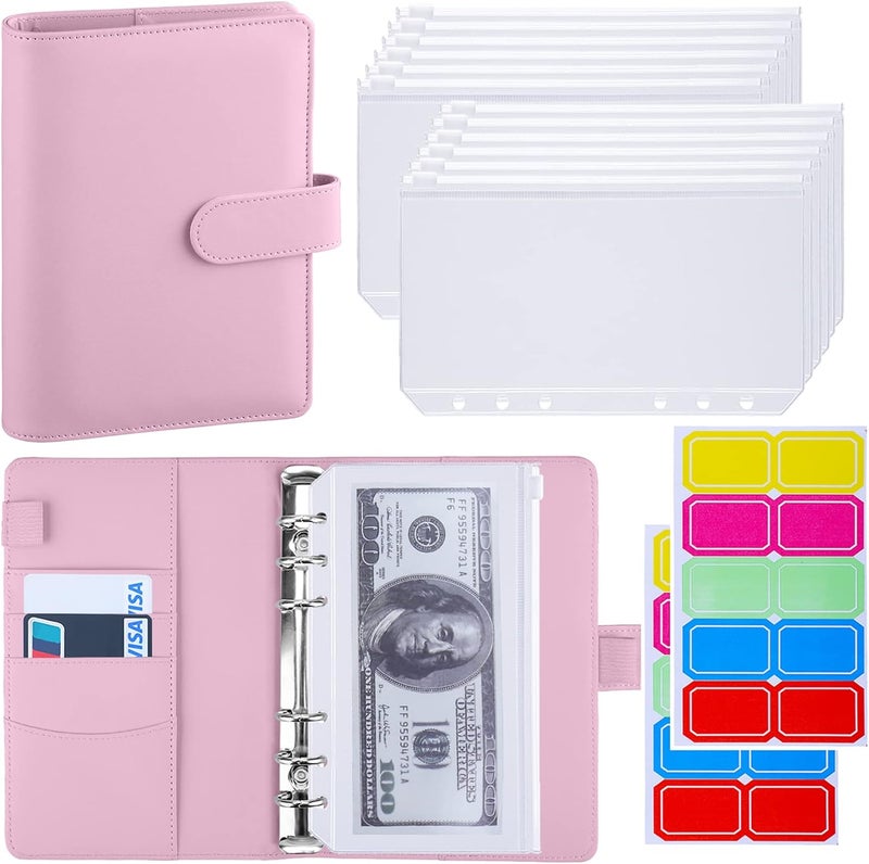 Antner A6 Budget Binder with Zipper Cash Envelopes for Money Organizer & Budgeting, PU Leather Budget Planner Money Saving Binder with Cash Stuffing Envelopes & Labels for Home Office Travel, Pink - Image 1