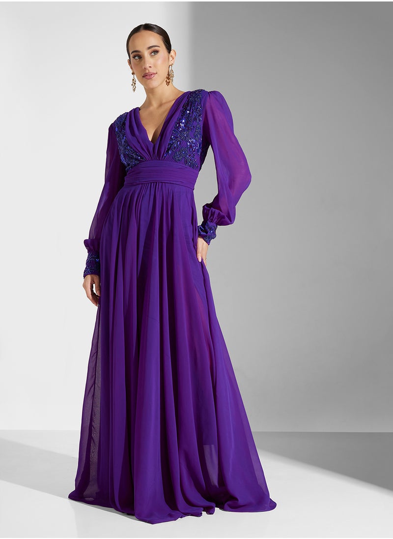 Virgos Lounge - Puff Sleeve V-Neck Pleated Dress - Image 1