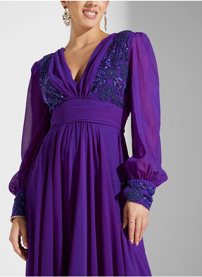 Virgos Lounge - Puff Sleeve V-Neck Pleated Dress - Image 1