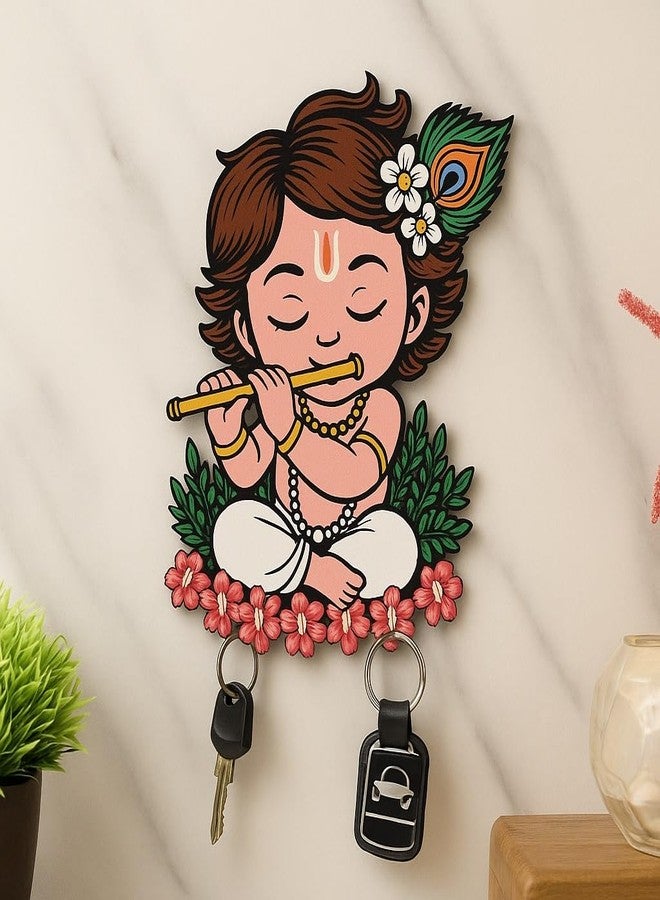 Bhikham Creation حامل مفاتيح أنيق من Bhikham Creation لتزيين المنزل - حامل مفاتيح خشبي لتزيين المنزل/المكتب/علاقة مفاتيح لتزيين الحائط، قطعة ديكور للمنزل (10 بوصة × 8 بوصة) (لون كريشنا الوردي) - Image 1