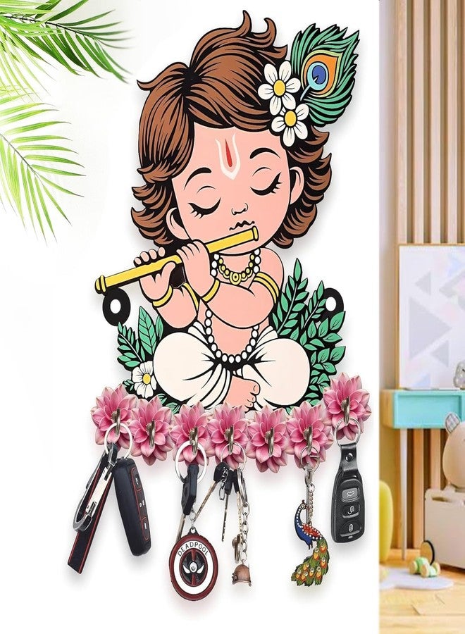 Bhikham Creation حامل مفاتيح أنيق من Bhikham Creation لتزيين المنزل - حامل مفاتيح خشبي لتزيين المنزل/المكتب/علاقة مفاتيح لتزيين الحائط، قطعة ديكور للمنزل (10 بوصة × 8 بوصة) (لون كريشنا الوردي) - Image 2