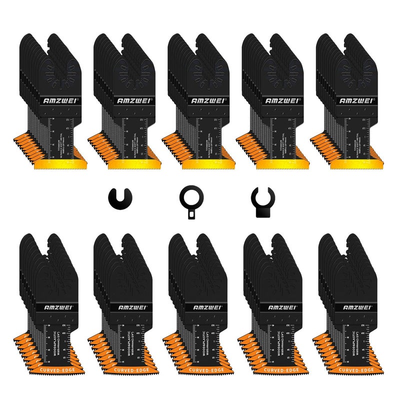 Amzwei 100Pcs Oscillating Tool Blades  Titanium & Hcs Oscillating Saw Blades For Metal/Wood/Plastic Cutting  Curved Edge Multi Tool Blades Fit For Dewalt  Milwaukee  Makita  Ryobi  Rockwell - Image 1