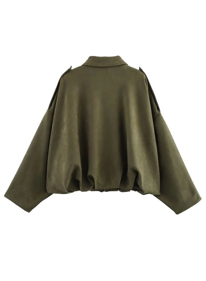 CUFEZN Women's Faux Suede Bomber Jacket Oversized Casual Lapel Long Sleeves Pilot Outerwear Coat 2025 Fall Trendy Clothes, Armygreen, Small - Image 4