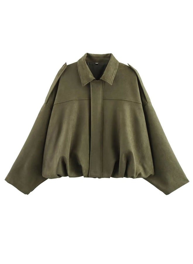 CUFEZN Women's Faux Suede Bomber Jacket Oversized Casual Lapel Long Sleeves Pilot Outerwear Coat 2025 Fall Trendy Clothes, Armygreen, Small - Image 1