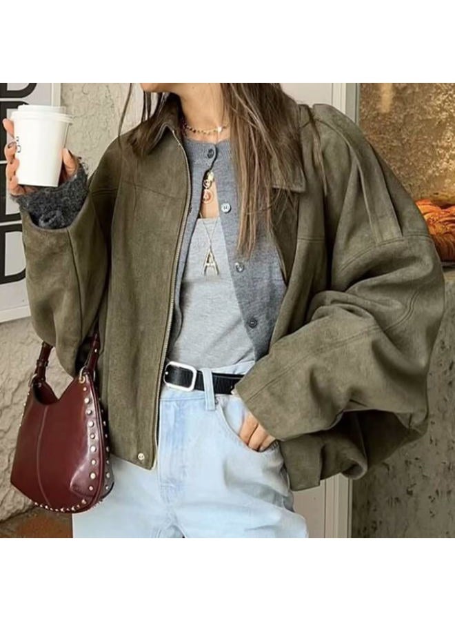 CUFEZN Women's Faux Suede Bomber Jacket Oversized Casual Lapel Long Sleeves Pilot Outerwear Coat 2025 Fall Trendy Clothes, Armygreen, Small - Image 3