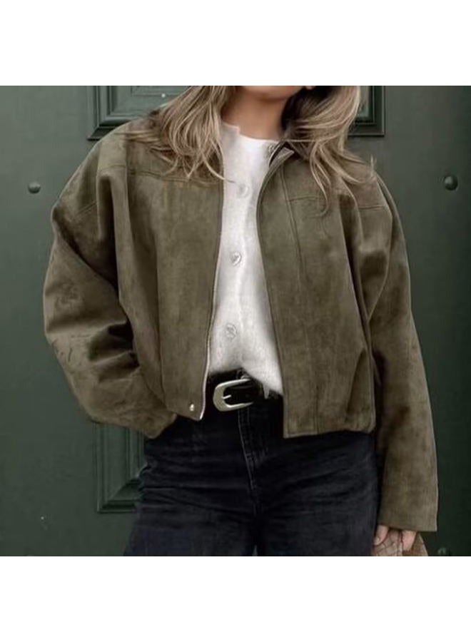 CUFEZN Women's Faux Suede Bomber Jacket Oversized Casual Lapel Long Sleeves Pilot Outerwear Coat 2025 Fall Trendy Clothes, Armygreen, Small - Image 5