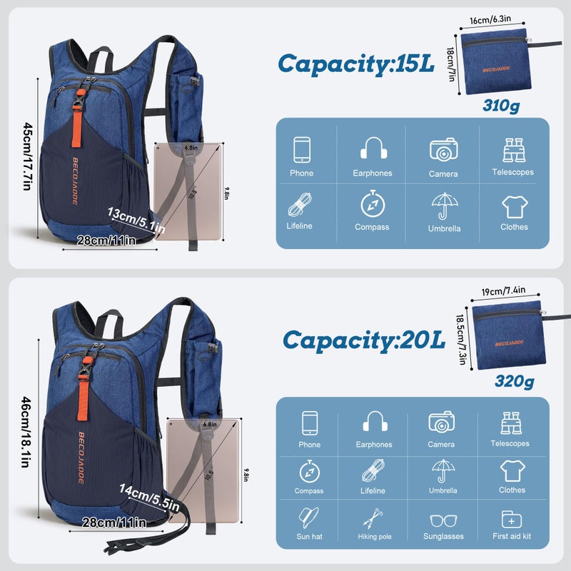 BECOJADDE 15L Small Hiking Backpack for Men Women Foldable Packable Back Pack Ultralight Hiking Daypack for Travel Camping Outdoor, Navy Blue - Image 4