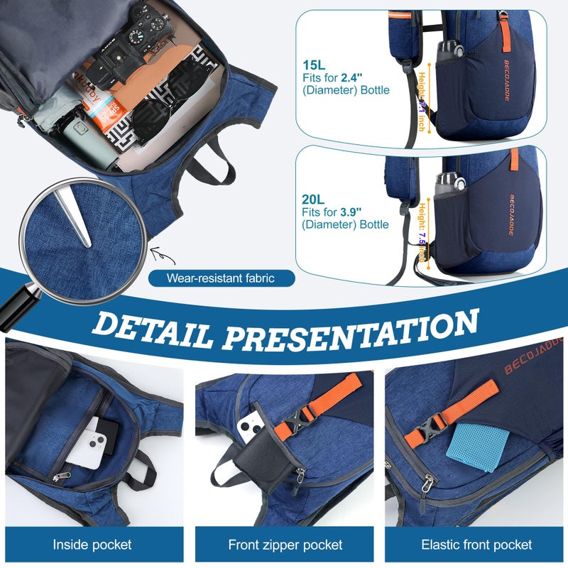 BECOJADDE 15L Small Hiking Backpack for Men Women Foldable Packable Back Pack Ultralight Hiking Daypack for Travel Camping Outdoor, Navy Blue - Image 3