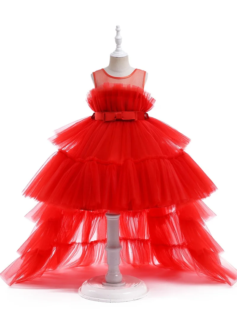 D'Daniela D' Daniela - Toddler Girls Bow Front Ruffle Hem Mesh Gown Dress with Long Tail Red