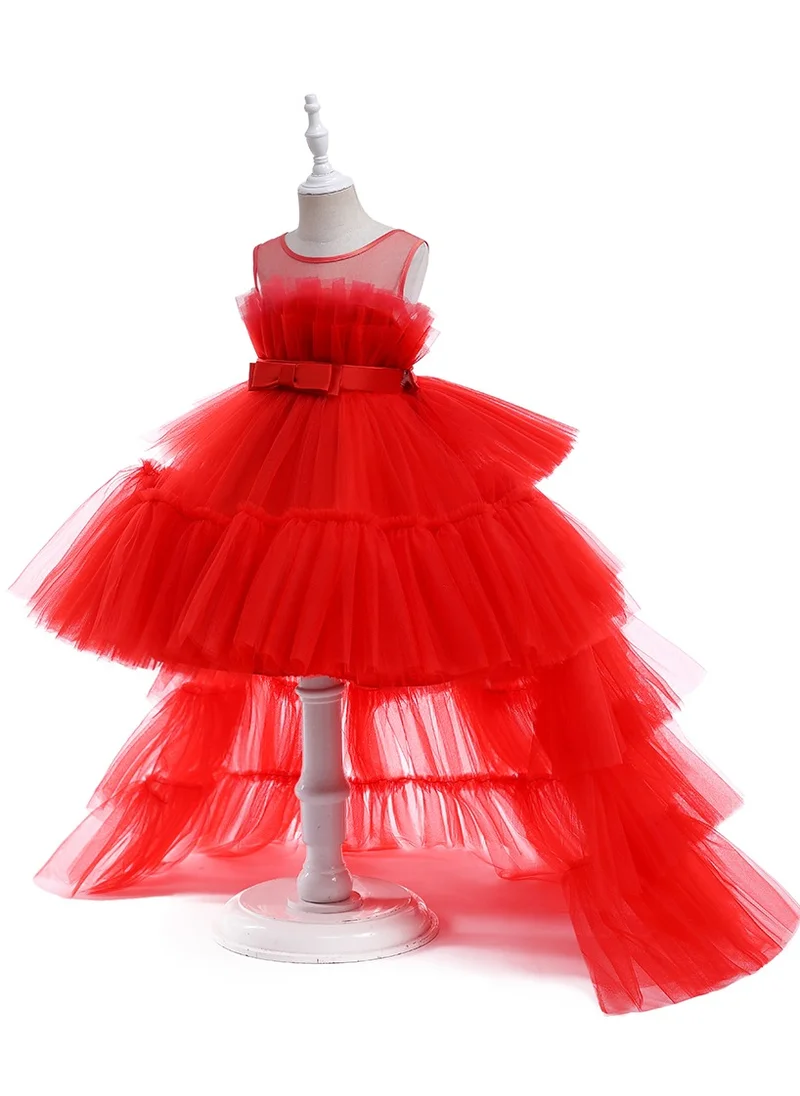 D'Daniela D' Daniela - Toddler Girls Bow Front Ruffle Hem Mesh Gown Dress with Long Tail Red
