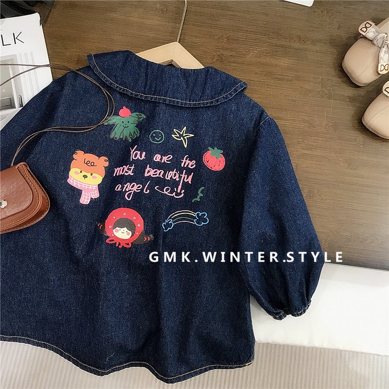 Girls dress Spring Dress New Children Princess Dress Baby Girl Denim Dress Western Style Spring and Autumn Dress Childrens Wear Foreign Trade Colorful button cartoon print denim skirt