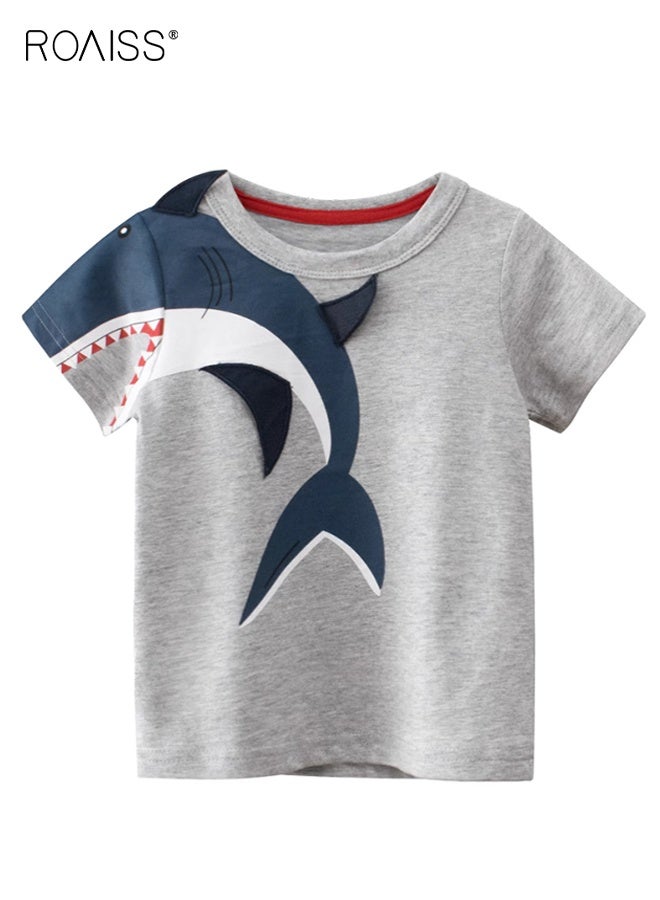 roaiss Boys Summer T-shirt, Short Sleeve Cotton Top for Toddlers, Stylish Unique T shirt with Shark Pattern, Suitable for Daily Wear or Any Occasion - Image 1