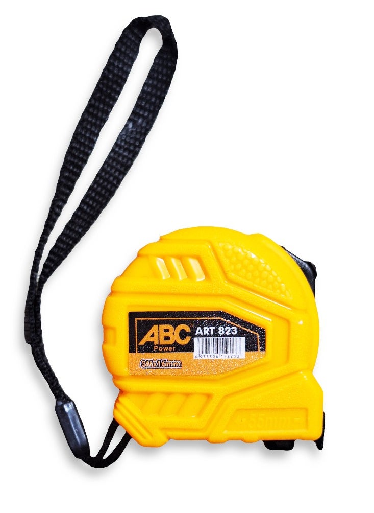 ABC - Measuring tape 3m length x 16mm width , made of reinforced plastic and rubber, automatic locking that easily holds the tape in place, strong magnetic tip, clear and easy to read graduations, equipped with a hand lanyard for easy carrying and mobility while working. - Image 1