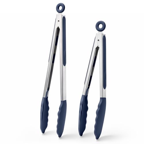 Doosu Kitchen Tongs for Cooking - 600°F Heat Resistant Food Tong Set with Non-Scratch Silicone Tips, Heavy Duty Stainless Steel Locking Tong for BBQ, Grilling Steak, Serving Salad (9+12in, Navy Blue) - Image 1