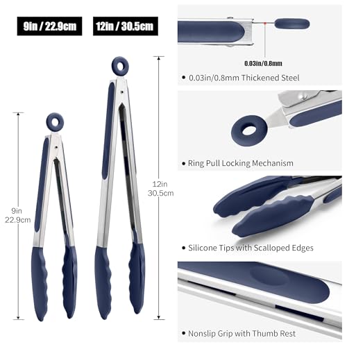 Doosu Kitchen Tongs for Cooking - 600°F Heat Resistant Food Tong Set with Non-Scratch Silicone Tips, Heavy Duty Stainless Steel Locking Tong for BBQ, Grilling Steak, Serving Salad (9+12in, Navy Blue) - Image 2