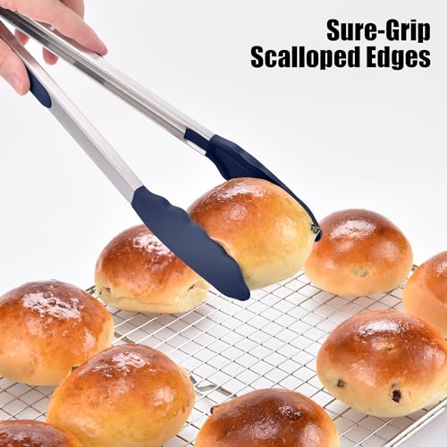 Doosu Kitchen Tongs for Cooking - 600°F Heat Resistant Food Tong Set with Non-Scratch Silicone Tips, Heavy Duty Stainless Steel Locking Tong for BBQ, Grilling Steak, Serving Salad (9+12in, Navy Blue) - Image 5