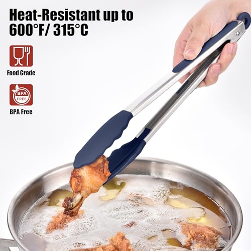 Doosu Kitchen Tongs for Cooking - 600°F Heat Resistant Food Tong Set with Non-Scratch Silicone Tips, Heavy Duty Stainless Steel Locking Tong for BBQ, Grilling Steak, Serving Salad (9+12in, Navy Blue) - Image 3
