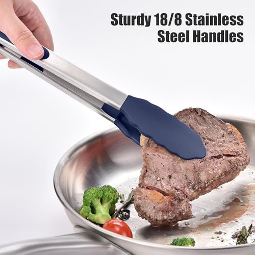 Doosu Kitchen Tongs for Cooking - 600°F Heat Resistant Food Tong Set with Non-Scratch Silicone Tips, Heavy Duty Stainless Steel Locking Tong for BBQ, Grilling Steak, Serving Salad (9+12in, Navy Blue) - Image 4
