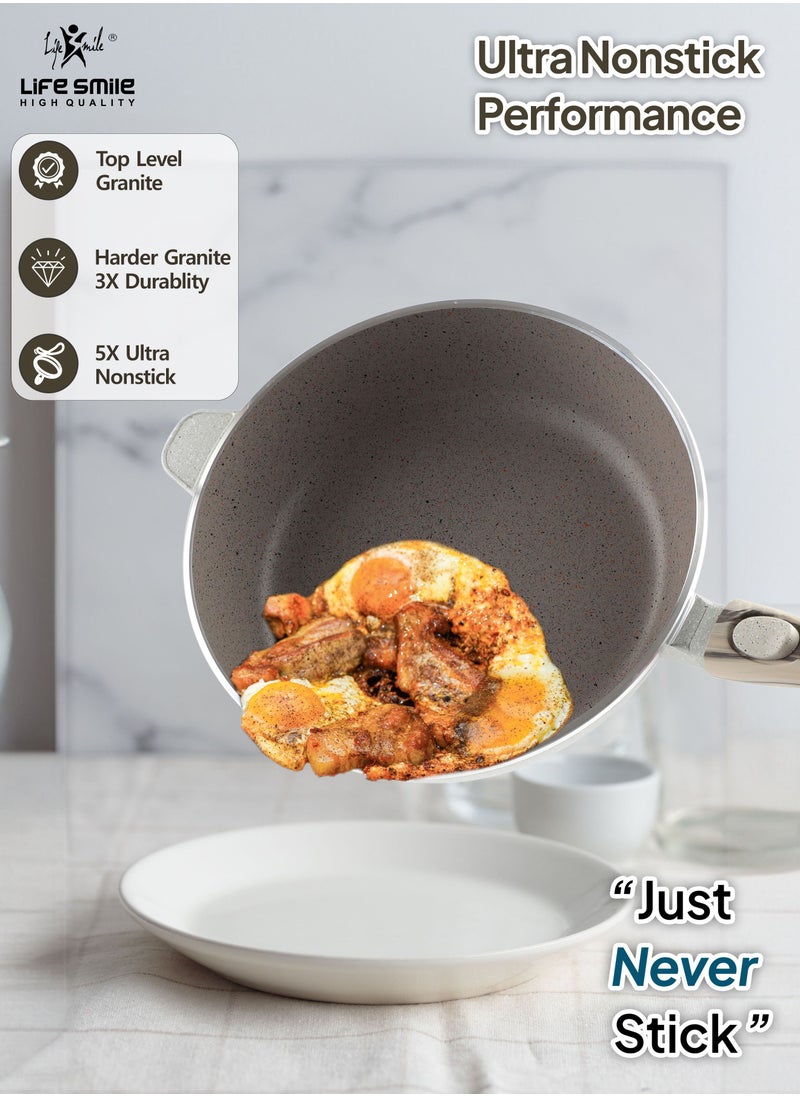 24/28cm Sizes Detachable Handle Deep Fry Pan With Lid - Multi Layer Granite Fry Pan - Heat-Resistant Handle Hanging Loop - Microwave Safe