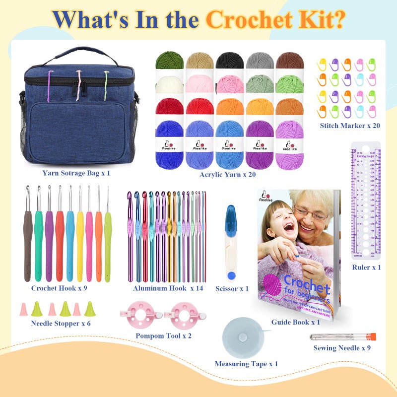 Aeelike Crochet Kit for Beginners, Complete Beginners Crochet Kit for Adults Including Two Tpyes of Crochet Hooks, 1693 Yards Yarn, Portable Yarn Bag, Instruction & Crocheting Accessories, Navy - Image 2