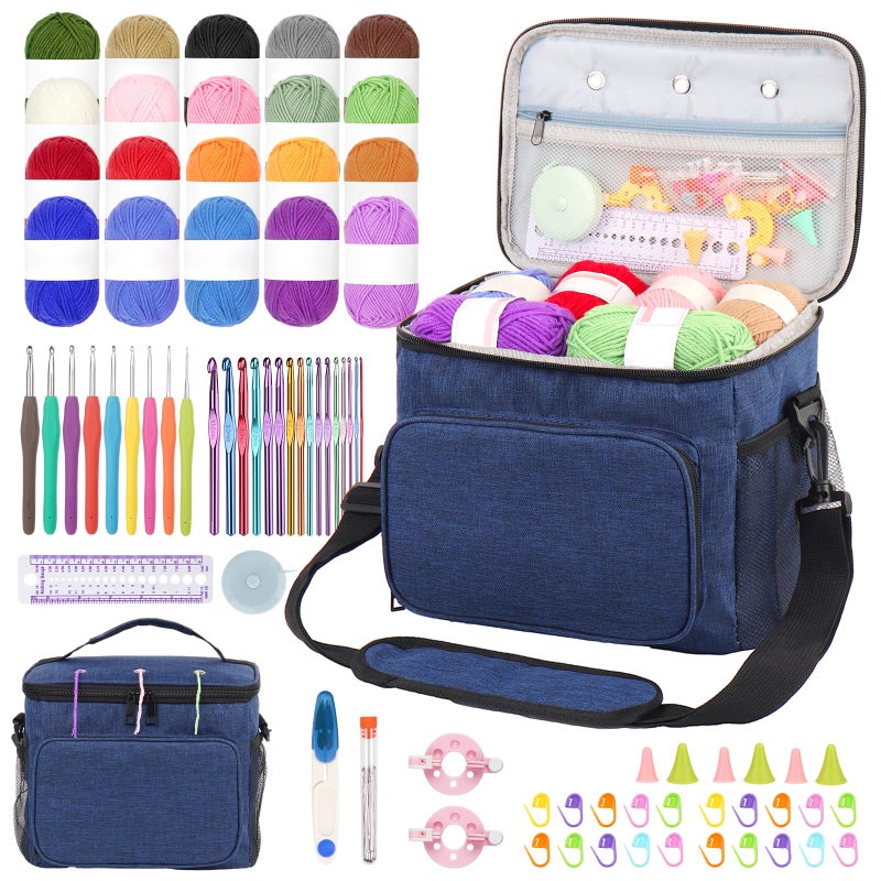 Aeelike Crochet Kit for Beginners, Complete Beginners Crochet Kit for Adults Including Two Tpyes of Crochet Hooks, 1693 Yards Yarn, Portable Yarn Bag, Instruction & Crocheting Accessories, Navy - Image 1