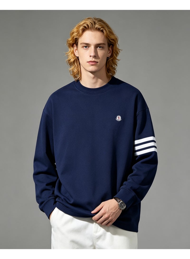 MONCLER LES SOMMETS Moncler Men's & Women's Long Sleeve Casual Crew Neck Sweatshirt Regular Fit Daily Wear Navy Blue - Image 1