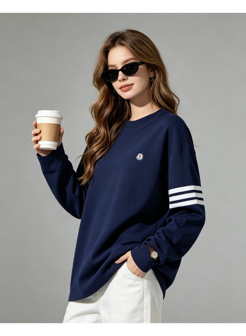 MONCLER LES SOMMETS Moncler Men's & Women's Long Sleeve Casual Crew Neck Sweatshirt Regular Fit Daily Wear Navy Blue - Image 4