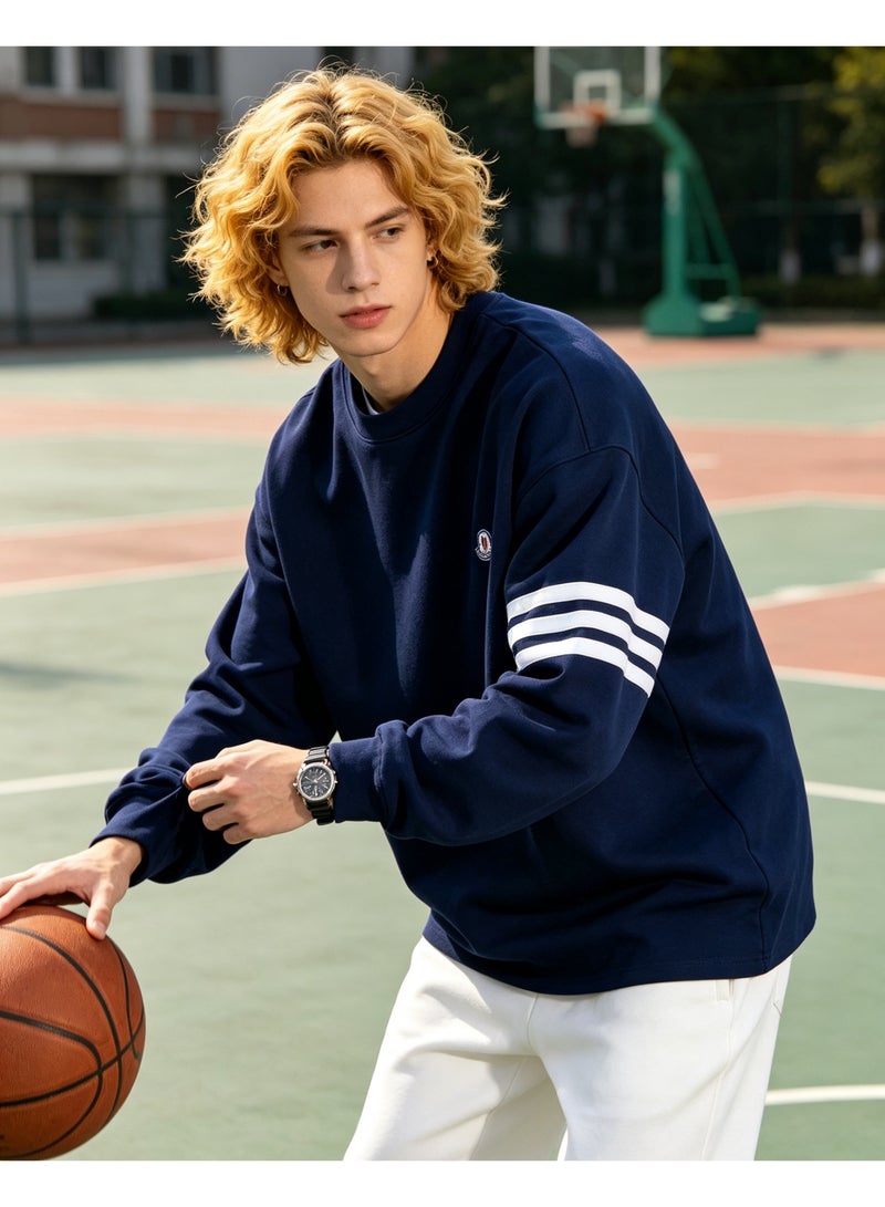 MONCLER LES SOMMETS Moncler Men's & Women's Long Sleeve Casual Crew Neck Sweatshirt Regular Fit Daily Wear Navy Blue - Image 2