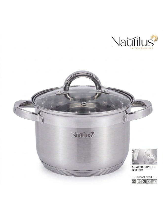CASSEROLE 20 CM WITH GLASS LID  S.S, PFOA Free, Dishwasher Safe, STEEL Handle Cookware - STEEL