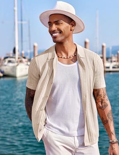 COOFANDY Men's Knit Shirts Short Sleeve Button Up Polo Shirt Fashion Casual Summer Beach Shirts, Apricot, Medium - Image 4