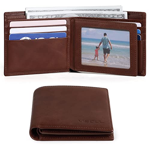 VISOUL Leather Wallets Bifold for Men with 2 ID Windwows, Men's Designer Card Holder Wallets with RFID Blocking (Brown) - Image 2