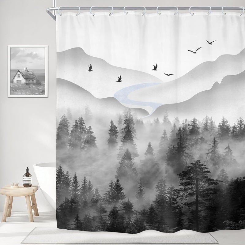 Riyidecor Misty Rainforest Shower Curtain for Bathroom Decor 72Wx72H Dark Black Grey Mens Nature Foggy Woodland Mountain Rustic Scenery Art Printed Fabric Polyester Waterproof 12 Pack Plastic Hooks - Image 2