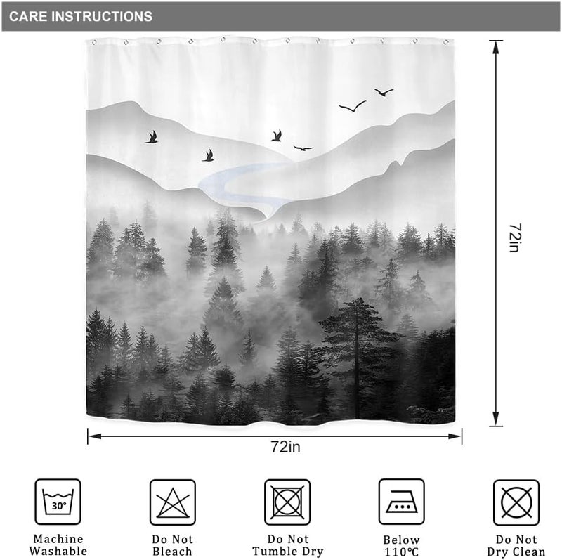 Riyidecor Misty Rainforest Shower Curtain for Bathroom Decor 72Wx72H Dark Black Grey Mens Nature Foggy Woodland Mountain Rustic Scenery Art Printed Fabric Polyester Waterproof 12 Pack Plastic Hooks - Image 5