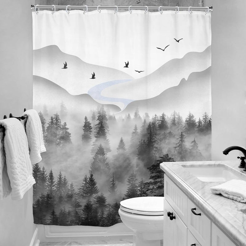Riyidecor Misty Rainforest Shower Curtain for Bathroom Decor 72Wx72H Dark Black Grey Mens Nature Foggy Woodland Mountain Rustic Scenery Art Printed Fabric Polyester Waterproof 12 Pack Plastic Hooks - Image 4