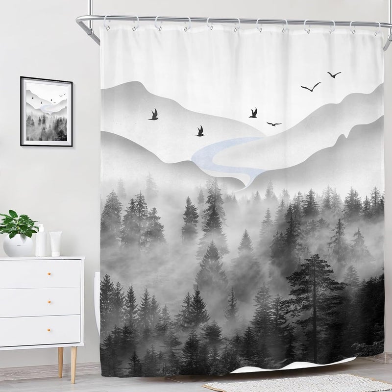 Riyidecor Misty Rainforest Shower Curtain for Bathroom Decor 72Wx72H Dark Black Grey Mens Nature Foggy Woodland Mountain Rustic Scenery Art Printed Fabric Polyester Waterproof 12 Pack Plastic Hooks - Image 3