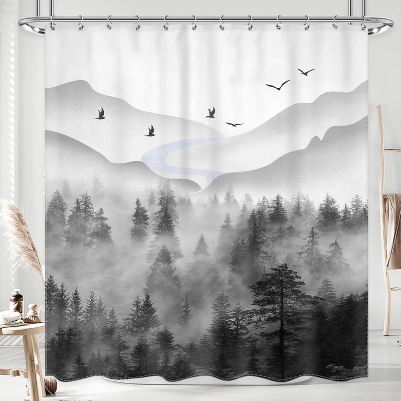 Riyidecor Misty Rainforest Shower Curtain for Bathroom Decor 72Wx72H Dark Black Grey Mens Nature Foggy Woodland Mountain Rustic Scenery Art Printed Fabric Polyester Waterproof 12 Pack Plastic Hooks - Image 1
