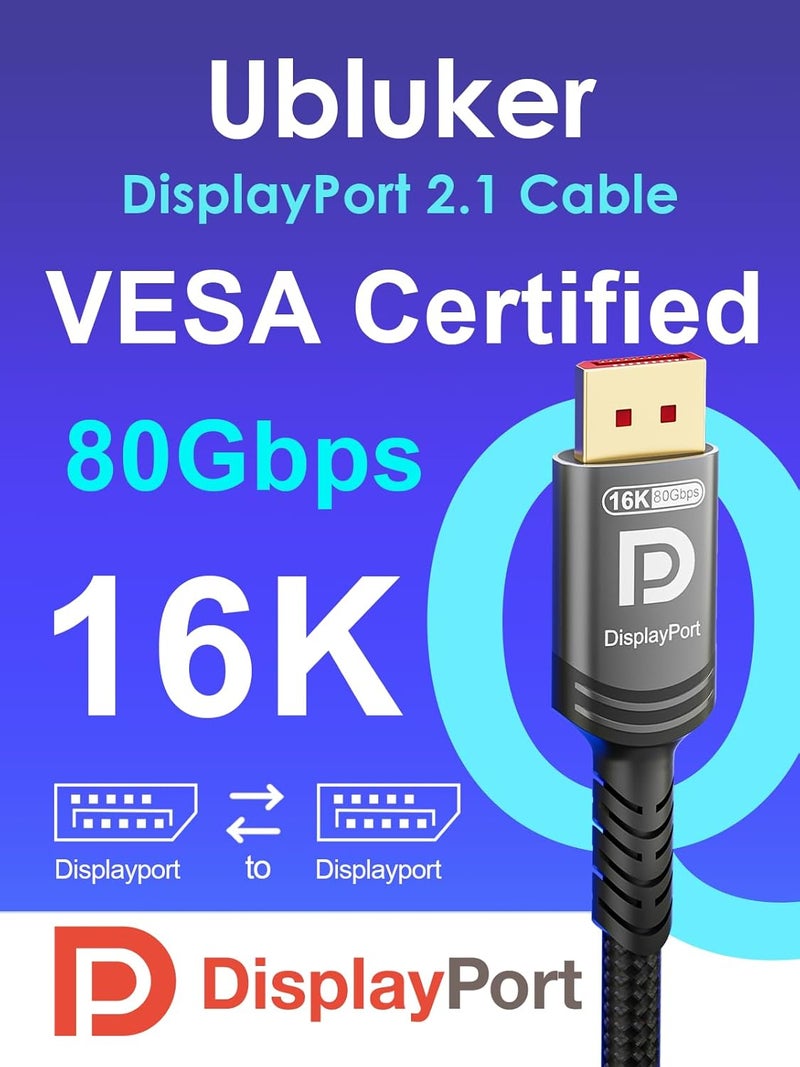 Ubluker كابل DisplayPort 2.1 بطول 5 أقدام وسرعة 80 جيجابت في الثانية، معتمد من VESA، كابل DP إلى DP، يدعم 4K بمعدل 540Hz و360Hz و240Hz و165Hz و120Hz و16K و8K بمعدل 240Hz، معدل بت فائق الارتفاع UHBR20، DSC1.2a، متوافق مع AMD Ryzen 7900X وGeForce RTX5090 وأجهزة الكمبيوتر المحمولة وشاشات الكمبيوتر. - Image 2
