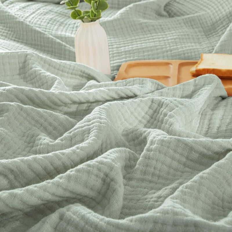 PHF 100% Cotton Muslin Blanket Queen Size 90"x90", 4-Layer Lightweight Gauze Throw, Breathable Cloud-Soft Minimalist Blanket for Bed, Couch, Camping & Baby, Sage Green - Image 1