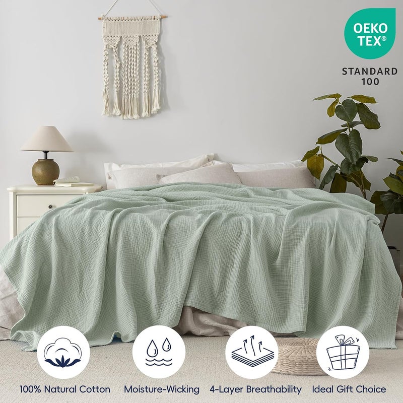PHF 100% Cotton Muslin Blanket Queen Size 90"x90", 4-Layer Lightweight Gauze Throw, Breathable Cloud-Soft Minimalist Blanket for Bed, Couch, Camping & Baby, Sage Green - Image 4