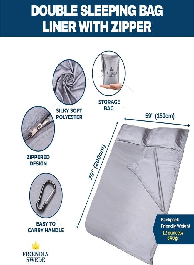 The Friendly Swede Double Sleeping Bag Liner Ultralight - Thin Travel Sheets for Hotel with Full Length Zipper; Camping Sheets & Adult Sleep Sack for Backpacking; Travel Sleeping Bag - Grey (Zipper) - Image 3