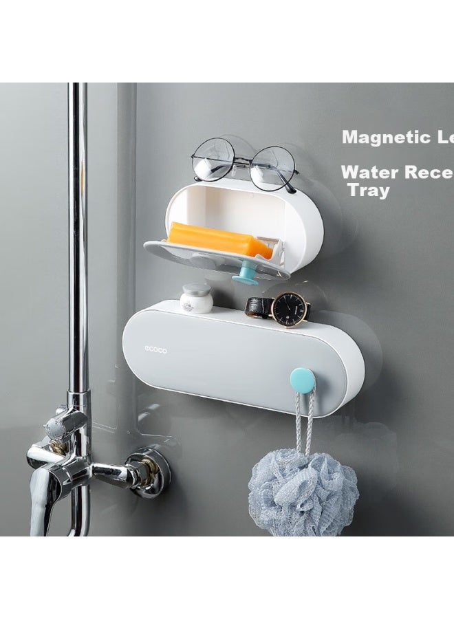 Ecoco Soap Dish, Wall-mounted Soap Holder, No Drilling Required, Student Dormitory Storage Rack With Lid, Draining Design E2119 Gray