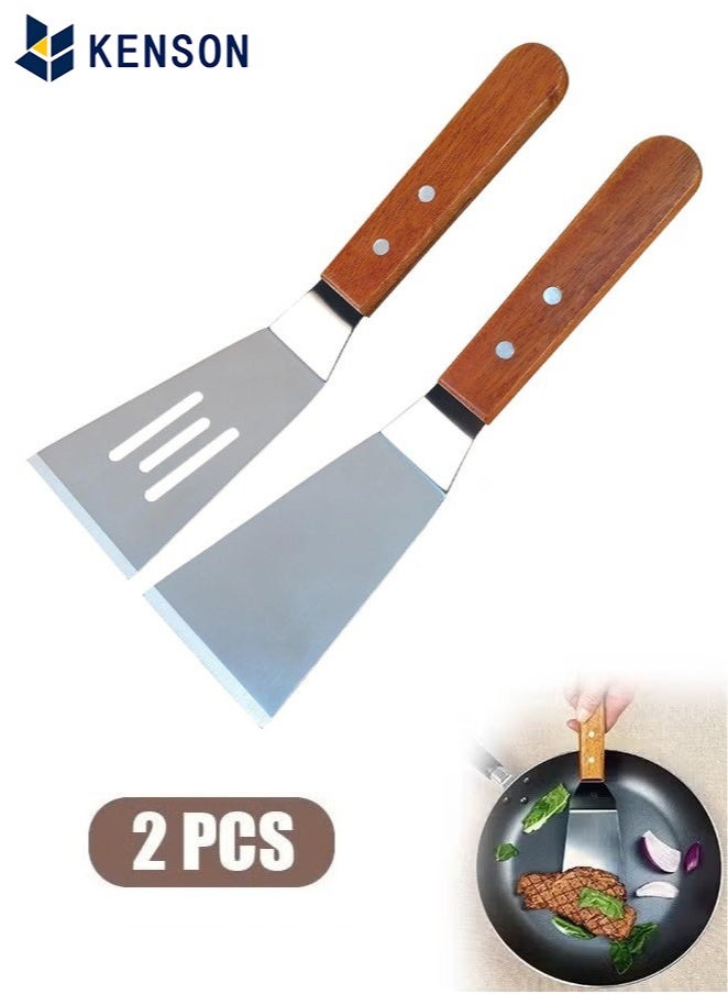 KENSON 2 Pcs Metal Spatulas Set with Beveled Edges, Stainless Steel Metal Spatula for Cast Iron Skillet, Wok Flat Top Small Metal Spatula Turner with Wood Handle (Silver) - Image 1