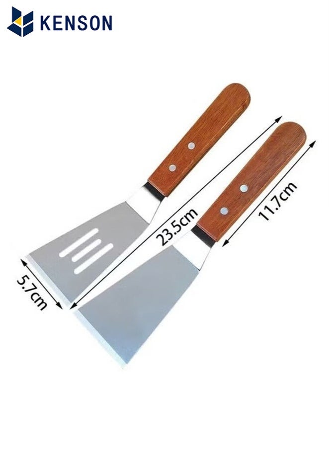 KENSON 2 Pcs Metal Spatulas Set with Beveled Edges, Stainless Steel Metal Spatula for Cast Iron Skillet, Wok Flat Top Small Metal Spatula Turner with Wood Handle (Silver) - Image 2